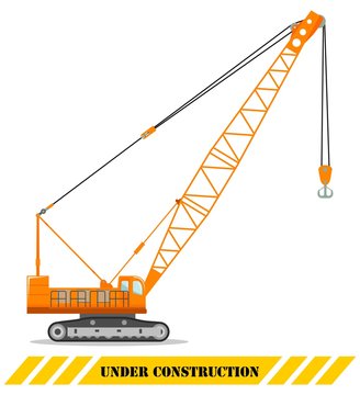 Crawler crane. Detailed illustration of heavy construction machines and equipment. Vector illustration.