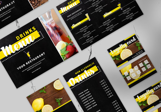 Colorful Menu, Gift Voucher, Loyalty Card, Drink Coaster Layout Set