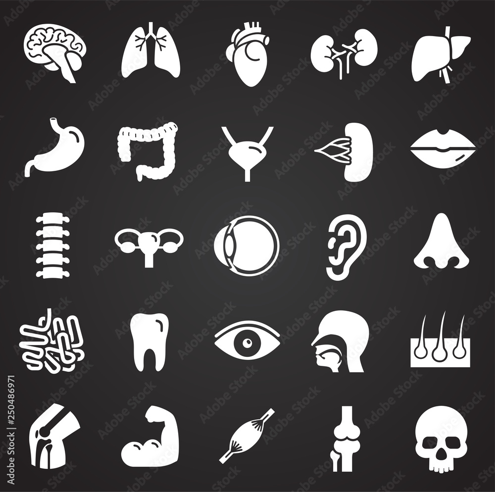 Poster human organs set on black background for graphic and web design, modern simple vector sign. internet