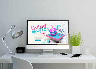 modern clean workspace with cool responsive design music website on screen