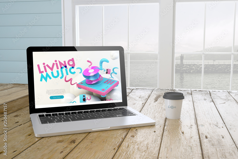 Canvas Prints laptop with hmusicwebsite on screen with port background and coffee