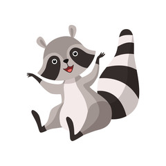 Cute Raccoon Sitting on Floor, Funny Humanized Grey Coon Animal Character Vector Illustration