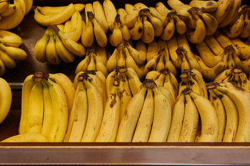 Ripe bananas on the counter of the fruit store