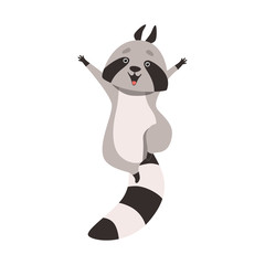 Cute Raccoon Having Fun, Happy Humanized Grey Coon Animal Character Vector Illustration