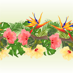 Tropical border seamless background Bouquet with tropical flowers pink and yellow hibiscus and Strelitzia palm,philodendron and ficus vintage vector illustration  for dishes,  packaging, greeting card