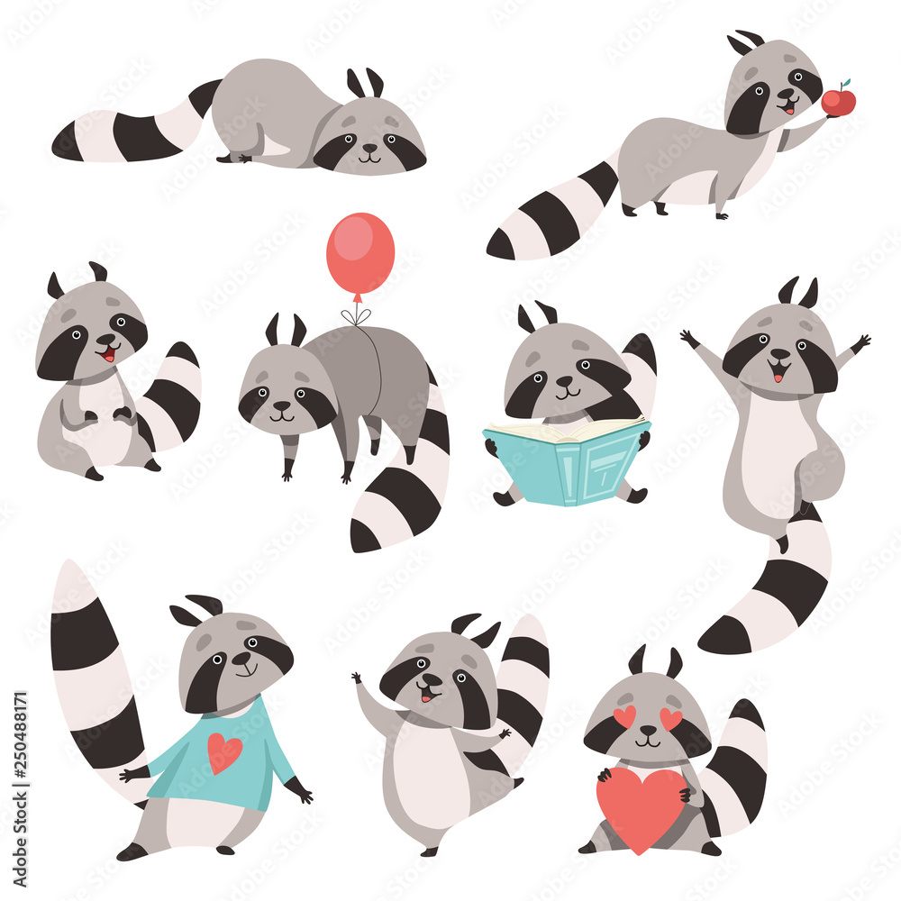 Poster collection of cute funny raccoon animal cartoon character in different situations vector illustratio