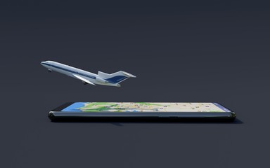 Naklejka premium Airplane leaving the screen of the smartphone, simulating the ease of booking flights online