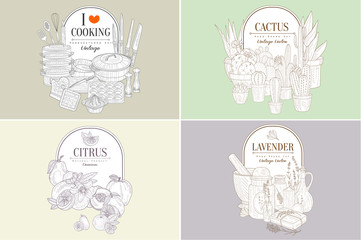 I Love Cooking, Cactus, Citrus Lavender, Creative Vintage Hand Drawn Posters Set Vector Illustration