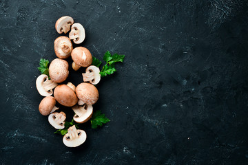 Mushrooms on a black stone background. Champignons Top view. Free copy space.