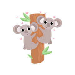 Two Cute Baby Koala Bears Climbing Tree, Lovely Funny Grey Animals Characters Vector Illustration
