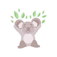 Cute Koala Bear Playing with Eucalyptus Leaves, Funny Grey Animal Character Vector Illustration