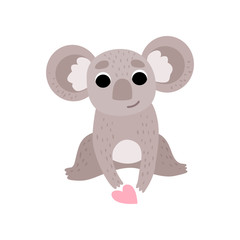 Cute Koala Bear Sitting with Pink Heart, Funny Grey Animal Character Vector Illustration