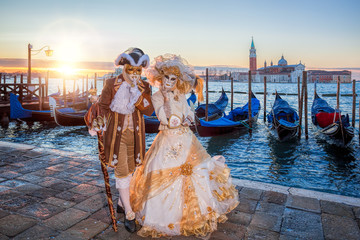 Colorful carnival masks at a traditional festival in Venice, Italy