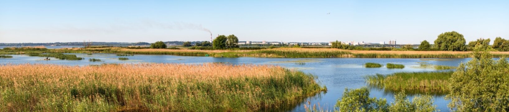 Panorama of the bays of the Dnieper River near the town of Ukrainka, Kiev region, Ukraine.
