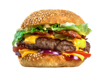 Homemade tasty burger isolated on white background close-up - obrazy, fototapety, plakaty
