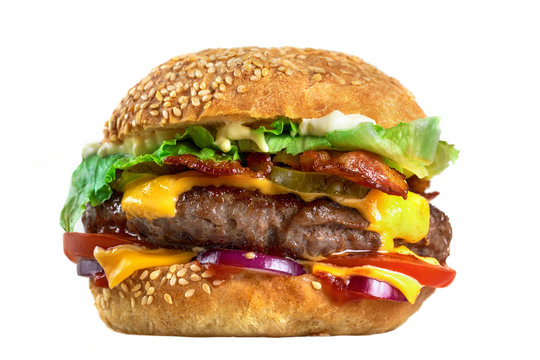 Homemade tasty burger isolated on white background close-up