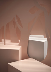 Cosmetic background for product  presentation. Cream color podium with silhouette of tree paper-cut. Modern minimal product stage. Fashion magazine illustration. 3d render illustration.