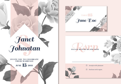 Wedding Invitation Layout Set with Floral Elements 