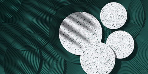 Cosmetic background for product presentation. White terrazzo podium on green circular geometry background with shadow of leaf. 3d rendering illustration.
