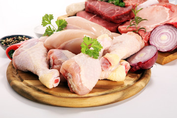 raw meat. Different types of raw pork meat, chicken and beef with spices and herbs