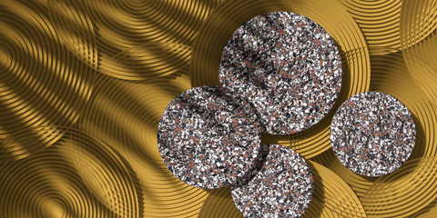 Cosmetic background for product presentation. Brown terrazzo podium on  yellow circular geometry  background with shadow of leaf. 3d rendering illustration.