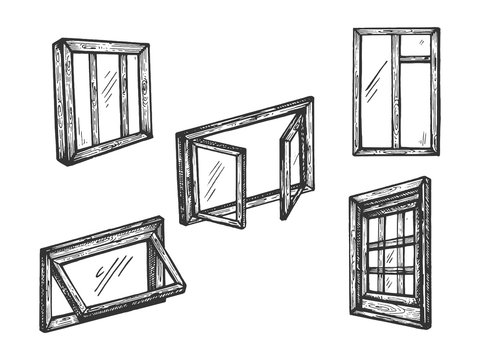 House wooden old windows sketch engraving vector illustration. Scratch board style imitation. Black and white hand drawn image.