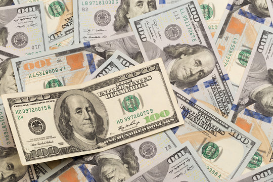 Stack of one hundred dollar bills close-up. - Image.