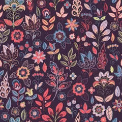 Fotobehang Embroidery seamless pattern with beautiful flowers. Vector handmade floral ornament on dark background. Embroidery for fashion products. Elegant tiled design, best for print fabric or papper and more. © sanyal
