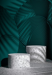 Cosmetic background for product presentation. White terrazzo podium on  green circular geometry  background with shadow of leaf. 3d rendering illustration.
