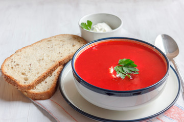 Traditional red beet soup - borsch. Vegetarian Diet Food