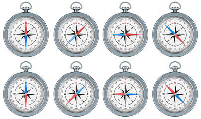 Set of Magnetic Compasses with cardinal and intercardinal directions, 3d rendering