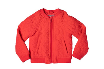 Childrens jacket for spring and autumn. Stylish red warm down jacket isolated on a white...