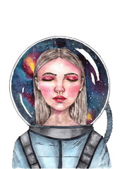 Girl in a spacesuit in space watercolor sketch for the International Day of Cosmonautics