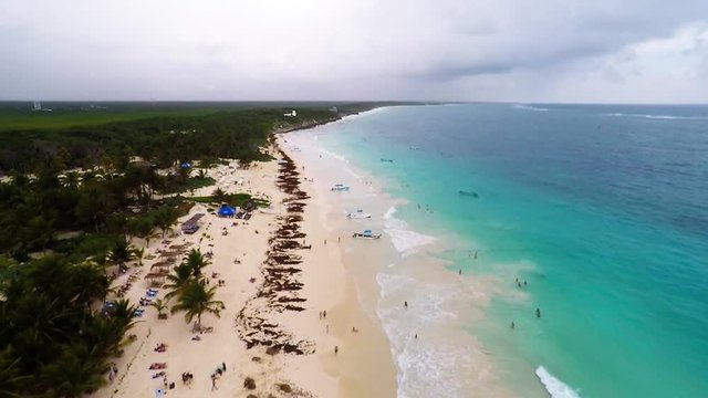 Aerial view on Playa Paraiso, one of Most beautiful beach in Tulum, Mexico 
