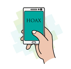 Fake News, a hand drawn vector cartoon illustration of Reading Hoax News on Smartphone