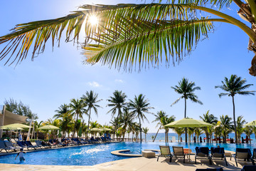 Fototapeta na wymiar swimming pool and tropical beach with palm trees