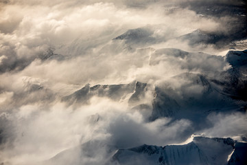 Aerial view of Sierra Nevada Mountains of California taken during the record setting snowfall of 2019.
