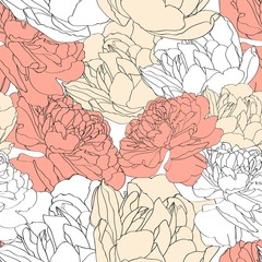 Floral seamless pattern. Vintage yellow and orange background with outline hand drawn rose flowers. Design concept for fabric design, textile print, wrapping paper or web backgrounds. 
