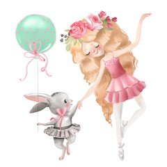 Cute ballerina, ballet girl with flowers, floral wreath and baby bunny in a ballet dress with balloon © creationsofanna