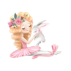 Cute ballerina, ballet girl with flowers, floral wreath and baby bunny © creationsofanna