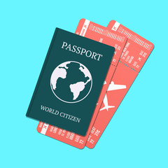 Airplane tickets with passport isolated on a white background, tickets with airplane icons, passport of the citizen of the worldVector illustration