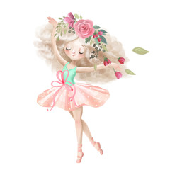 Cute ballerina, ballet girl with flowers, floral wreath - obrazy, fototapety, plakaty