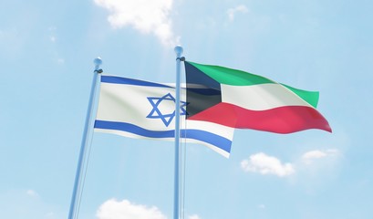Kuwait and Israel, two flags waving against blue sky. 3d image