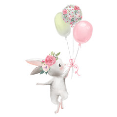 Cute girl króliczek z kwiatami, wieniec kwiatowy z balonami - 250495591