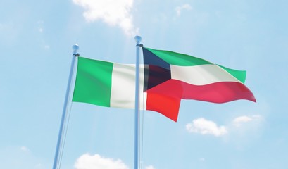 Kuwait and Italy, two flags waving against blue sky. 3d image