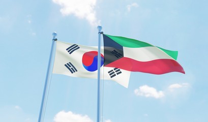 Kuwait and South Korea, two flags waving against blue sky. 3d image