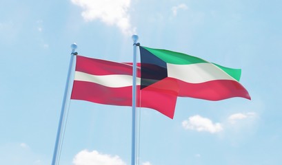 Kuwait and Latvia, two flags waving against blue sky. 3d image