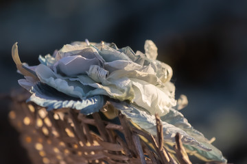 Artificial flower of natural silk. Closeup of silk flower on old chair in summer evening in garden. Blurred background and gray rose of soft focus for creative, hobby. Image does not focus.
