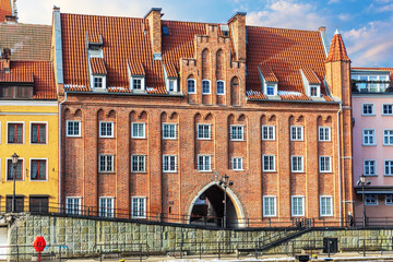 Chlebnicka Gate, a gothic town gate in Gdansk, Poland, sunny day view