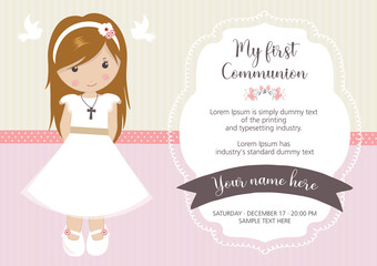 My first communion invitation. Beautiful girl with communion dress and cute frame